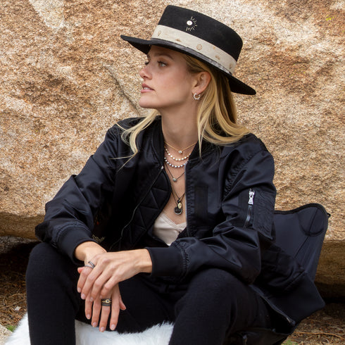 after a day out and about, dress up the vibe of<br>shop the look > vision quest limited edition half moon with starburst diamond earrings on diamond faced huggie hoops, in 18k rose gold <span class='visuallyhidden'>Text, phone 323-404-2959 for shopping help.</span>